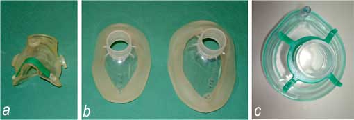Fig 2 :  quelques types de masques: a-Masque de type nasal (Hans Rudolph); b-Eco-Mask, Intersurgical® ,masques de type nasobuccal; c-Masque parfumé  (fraise) avec bourrelet gonflable, Intersurgical.