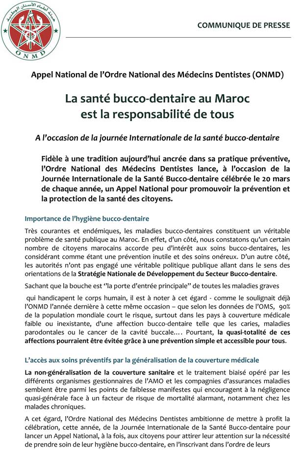 La journée Internationale de la santé bucco-dentaire célébrée par l'ONMDM